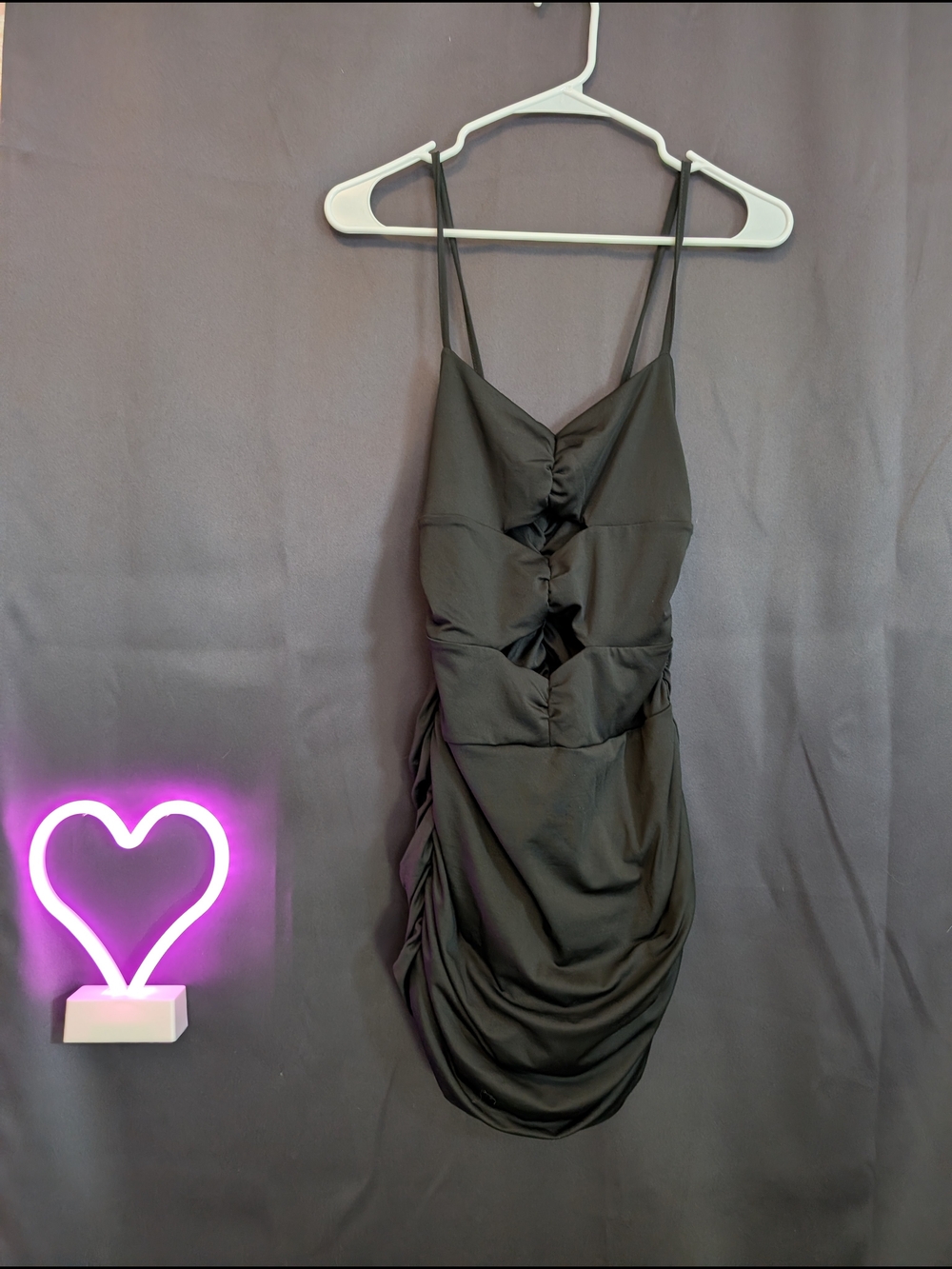 Elegant Black Ruched Spaghetti-Strap Mini Dress Cut Outs V Neck Medium